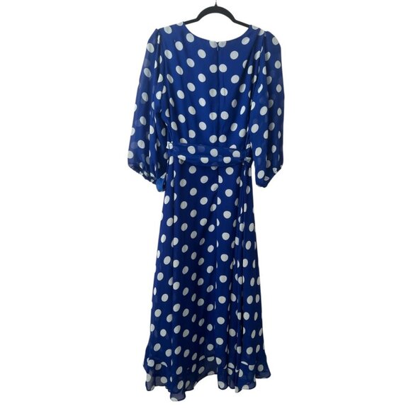 Julian Taylor Blue White Polka Dot Polyester 3/4 Sleeves Faux Wrap Dress 14W - Picture 3 of 10